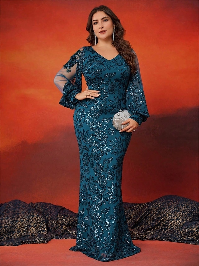  Abiti da Mare  Tromba Taglia Plus Elegante Abito Curve Formale per Matrimonio Lunghezza Della Terra Manica Lunga Collo A V In Paillettes con Paillettes 2025