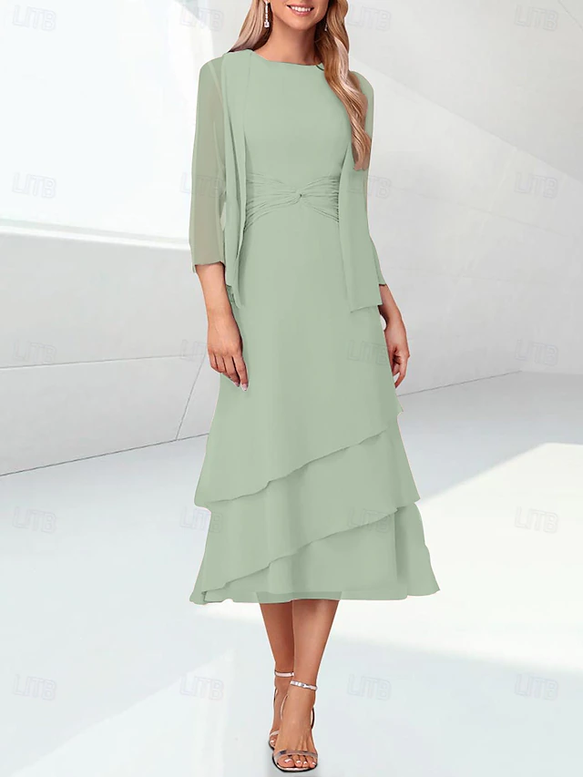 Beach Wedding Sheath Mother of the Bride Dress Elegant Jewel Neck Tea Length Chiffon 3/4 Length Sleeve Wrap Included with Ruching 20