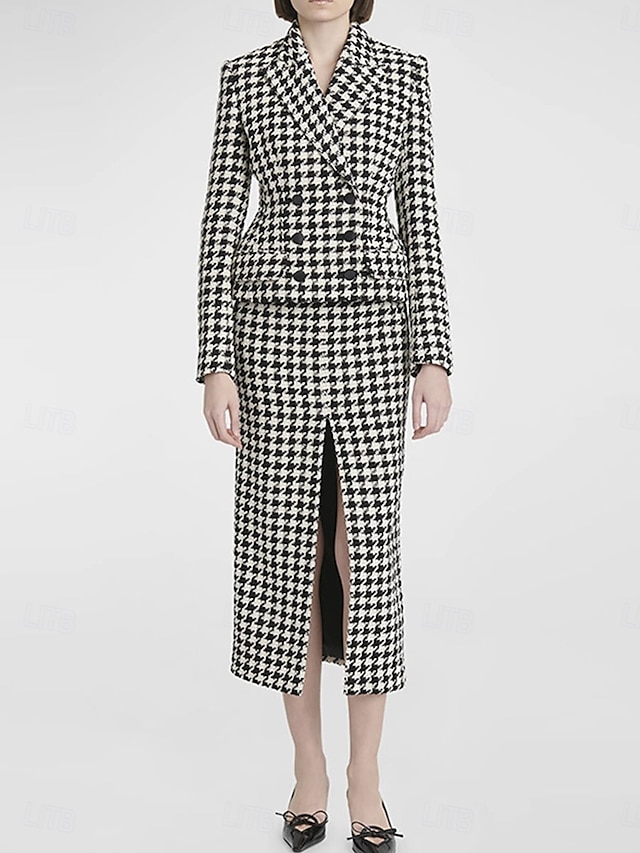  Hahnentrittmuster Kleid Sets Brautmutter Kleid Elegant Einfach Revers Knie Länge Doppelreiher Blazer Langarm