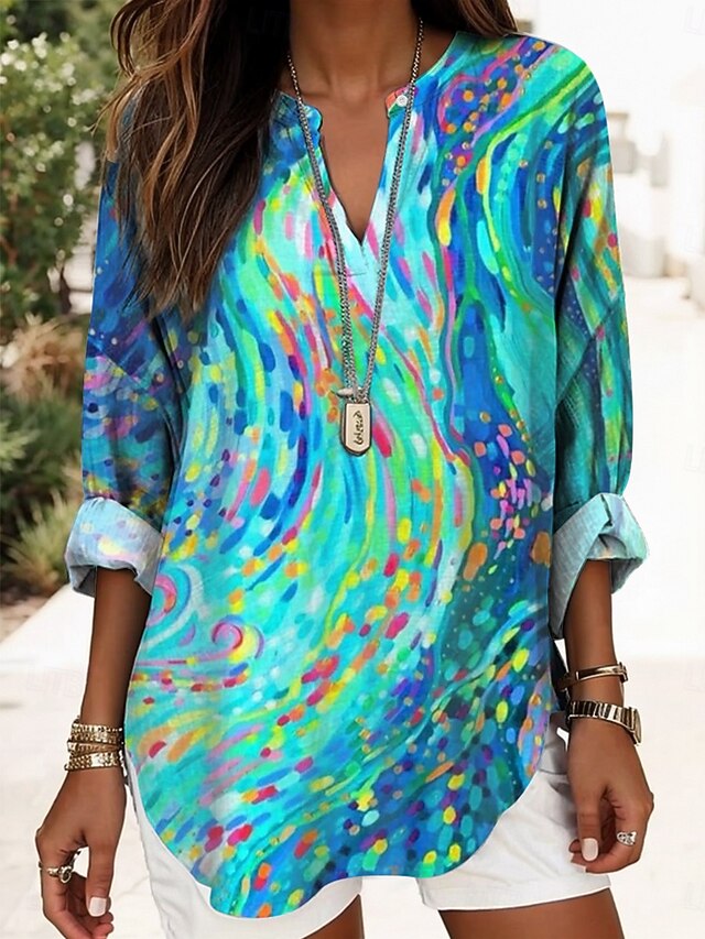 Women's Blouse Tunic V Neck Long Sleeve Boho Casual Tops Graphic Geometric Elegant Stylish Regular Tops Daily Print Blue4