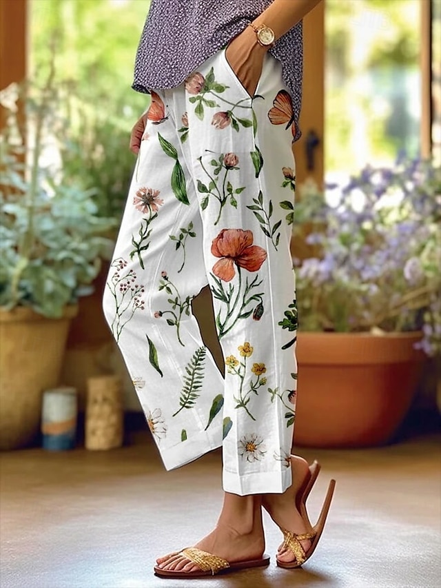  Femmes Chinos Vacances ancien Style Ethnique Longueur cheville Taille haute Fleuri Graphique Rayure Bandes Respirant Doux Extérieur Micro-Élastique Extérieur Vacances Occasionnel Rose violet Blanche
