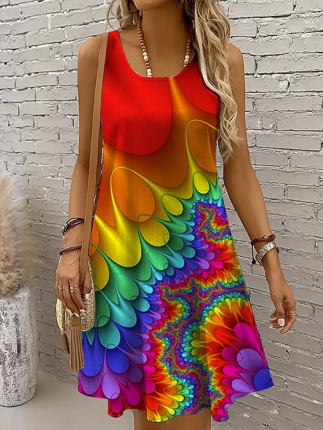  Per donna Mini Abito Abito a trapezio Abito a spalle scoperte Vacanza Casual Vestibilità regolare Ombre Grafico Astratto Senza Maniche Collo a U Giallo Rosso Blu reale Blu Estate Primavera