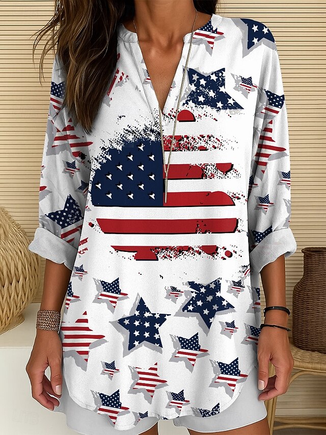 Women's Blouse Tunic V Neck Long Sleeve Boho Casual Patriotic Graphic Flag Vintage Tropical Regular Tops Daily Wear Print Red Blue Purple4