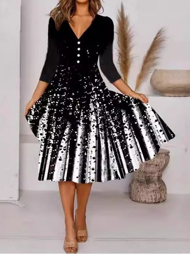 Women's Midi Dress A Line Dress Casual Outdoor Going out Standard Fit Floral Graphic 3/4 Length Sleeve V Neck Black White Red Spring Fall4
