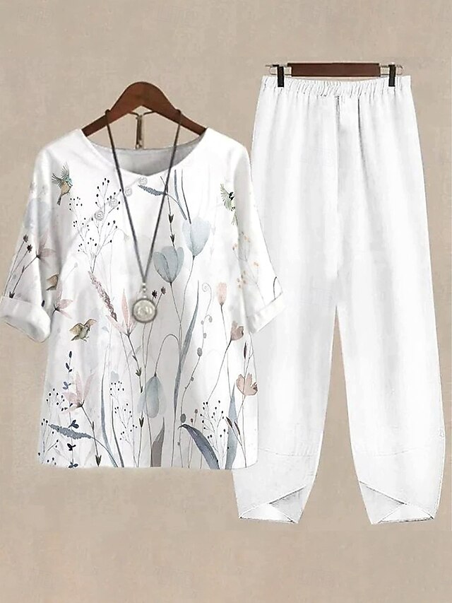 Women's Basic Shirt Pants Sets Half Sleeve Round Neck Ombre Floral Graphic Print Holiday Casual Daily Weekend White Yellow Light Blue Summer Regular Fit4