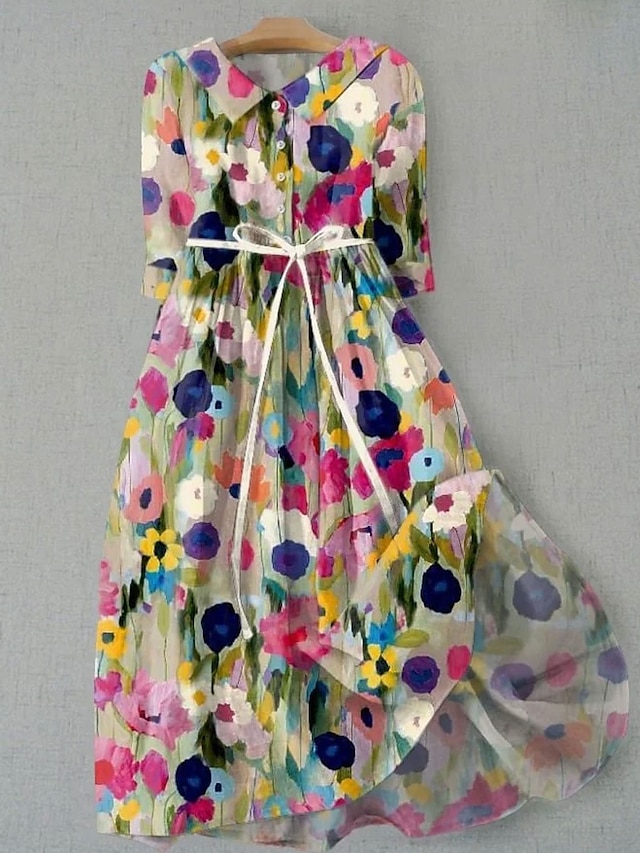  Damen Midikleid Shiftkleid Lässig Täglich Normale Passform Blumen Grafik Halbarm Hemdkragen Gelb Rosa Rosa Blau Sommer Frühling