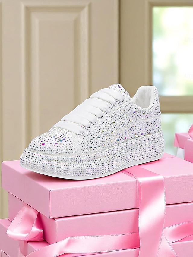  Tênis plataforma feminino branco com strass - sapatos de festa brilhantes com cadarço e detalhes em cristal para a vida noturna e para baladas
