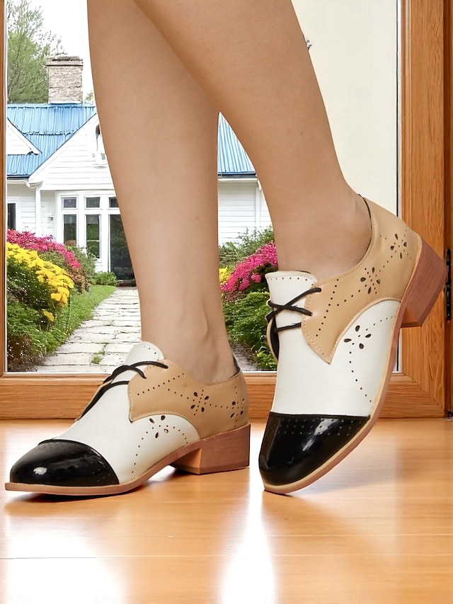  zweifarbige Brogue-Oxford-Flats für Damen – Schnürschuhe aus Kunstleder im Vintage-Stil der 50er Jahre für den Alltag und halbformelle Kleidung im Retro-Stil