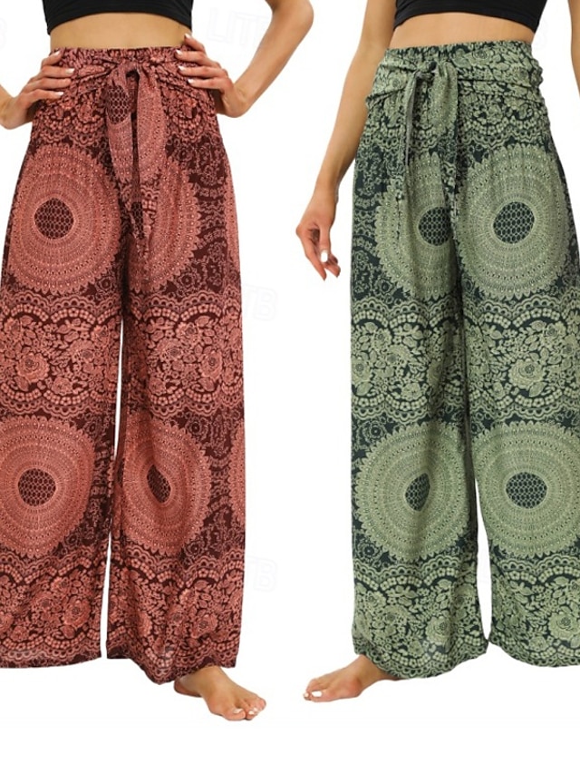  Mulheres Perna larga Calças Casual Boho Comprimento total Cintura Alta Imprimir Bolsos Design de cordão elástico Respirabilidade Macio Micro-Elástica Férias Rua Roupa Diária Vermelho Verde Verão