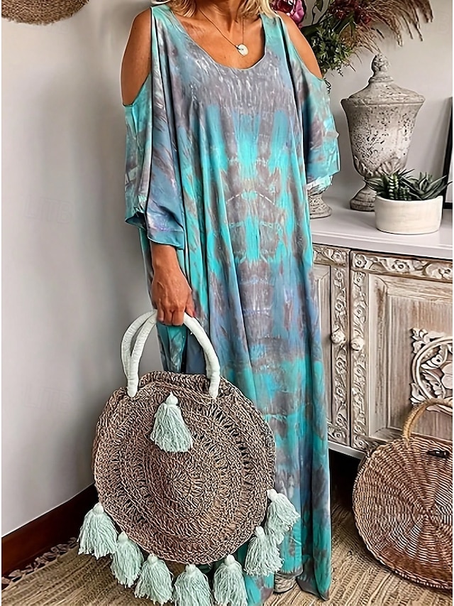  Femmes Robe maxi Robe à épaules dénudées Vacances Occasionnel Boho Soirée Sortir Plage Graphique Abstrait Manche Courte Col Rond Bleu Été Printemps Automne