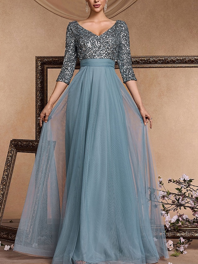  Vestido de Gala em A Vestido Elegante Formal Casamento Comprimento do Chão Manga 3/4 Decote em V Com Lantejoulas com Lantejoulas