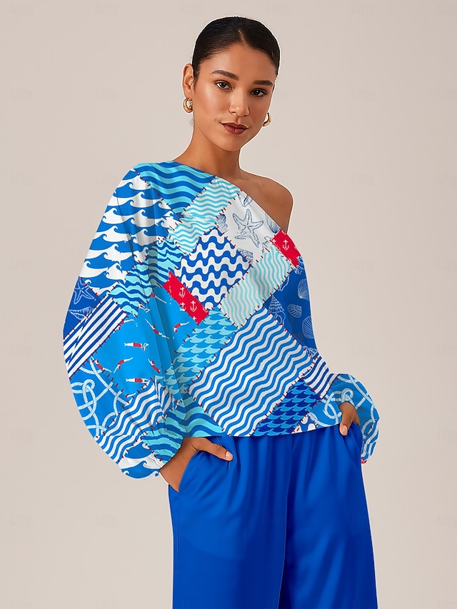  Dames Vrouw Normaal shirt Oceaan Casual Koude schouder Marineblauw Lange mouw Elegant Vakantie Hedendaagse koude schouder Zomer