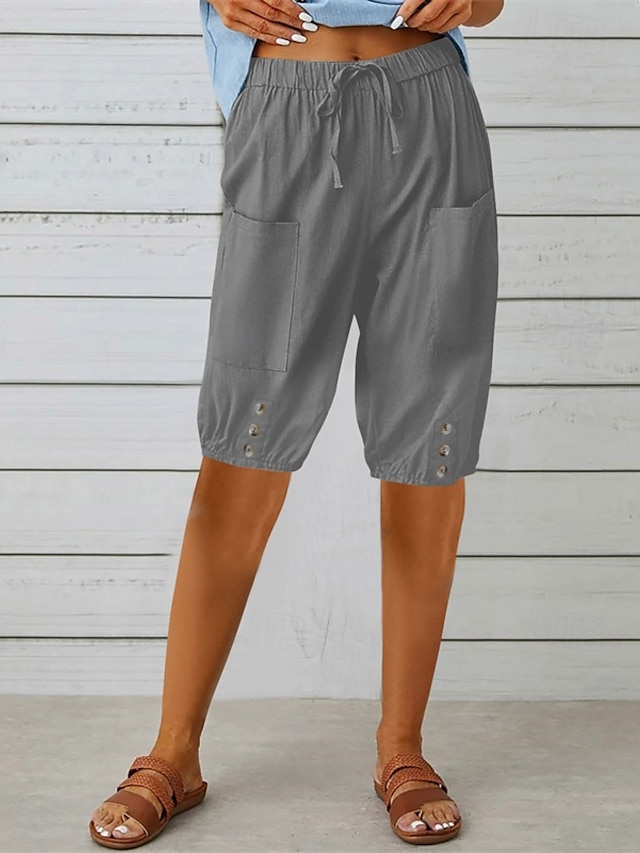  Mulheres Shorts inspirados em linho Calção Roupa de rua Casual Comprimento do joelho Cintura Média Tecido Bolsos Design de cordão elástico Respirabilidade Macio Micro-Elástica Férias Rua Roupa Diária