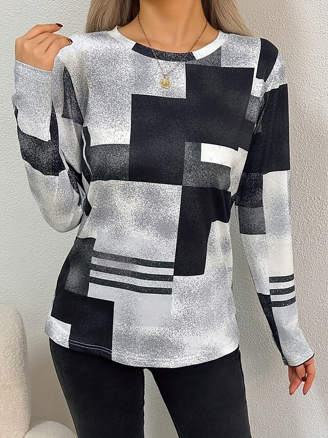Women's T shirt Crew Neck Long Sleeve Tunic Graphic Geometric Vintage Stylish Classic  Round Neck Regular Tops Daily Print Black and White Fall4