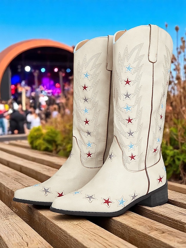  Dámské krémové kovbojské boty ve westernovém stylu s barevnou výšivkou hvězd – retro rodeo boty do půli lýtek na country koncerty, festivaly a american outfity