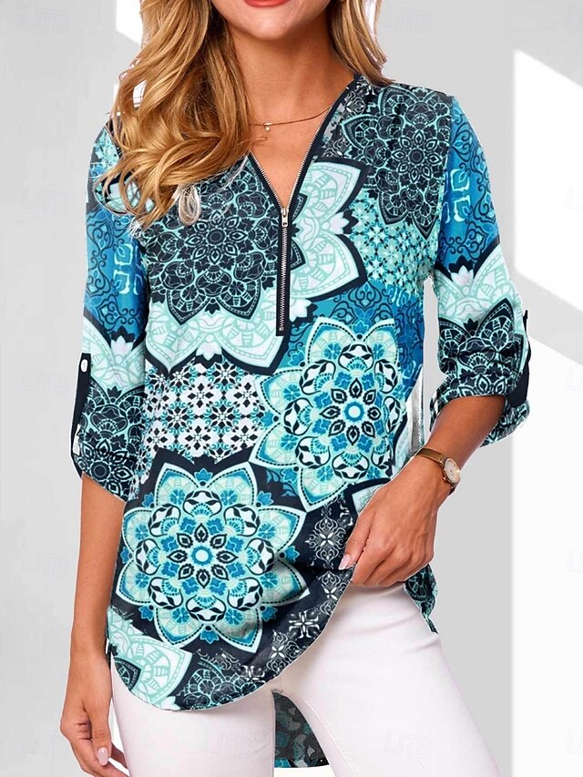  Dame Bluse Blomstret Grafisk Geometrisk Stilfull Fritid Langermet V-hals Vanlige topper Daglig Glidelås Trykt mønster Svart Hvit Rosa Marineblå Blå Sommer Vår Høst