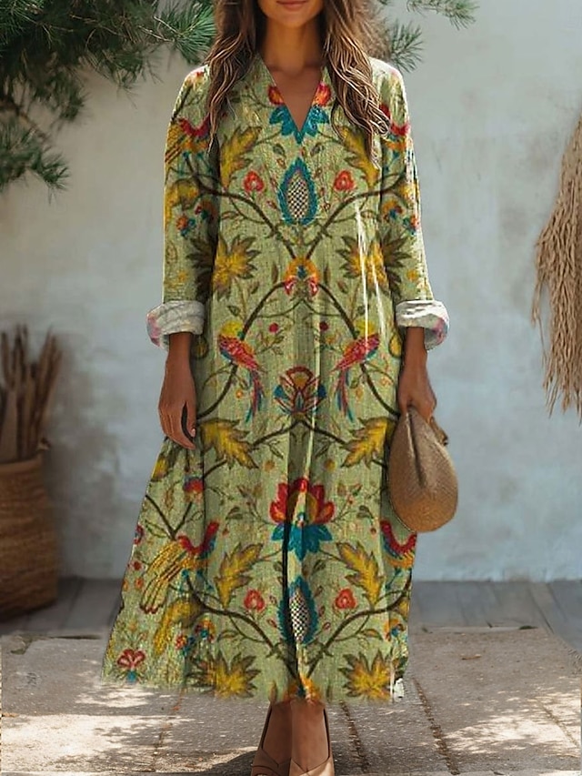  Femmes Robe Midi Robe d'Été Robe trapèze Vacances Occasionnel Sortir Coupe Ample Fleuri Graphique Paisley manche longue Col en V Noir Jaune Rose Claire Bleu Printemps Automne