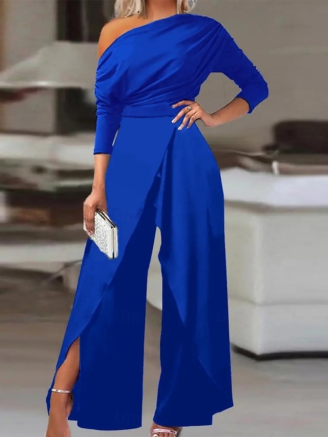  Dam Vanligt Jumpsuits Elegant Ensfärgat Långärmad Brett skaft kall axel Hög midja Semester Fest Normal Svart Vit Blå Sommar