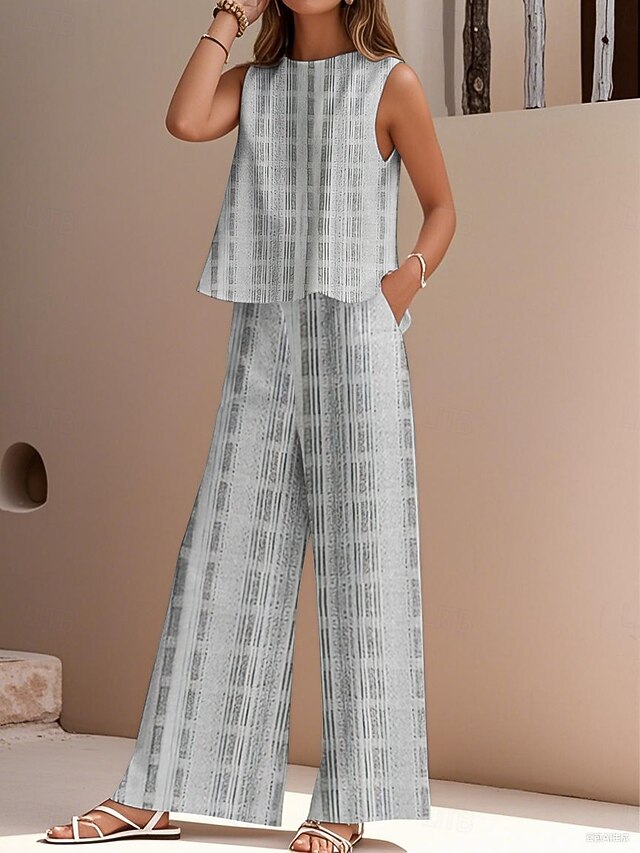 Women's Elegant Fashion Streetwear Two Piece Sets Blouse Vest Pants Trousers Sleeveless Crew Neck Outdoor Work Casual Striped Print Vacation Daily Holiday Blue Gray Light Blue Summer Regular Fit4