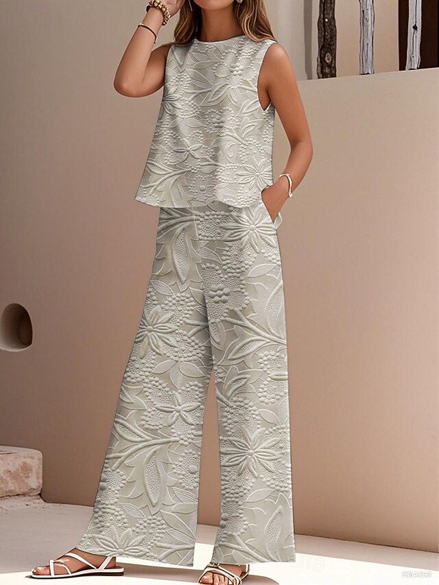 Women's Elegant Fashion Streetwear Two Piece Sets Blouse Vest Pants Trousers Sleeveless Crew Neck Outdoor Work Casual Floral Print Vacation Daily Holiday Pink Blue Green Summer Regular Fit4