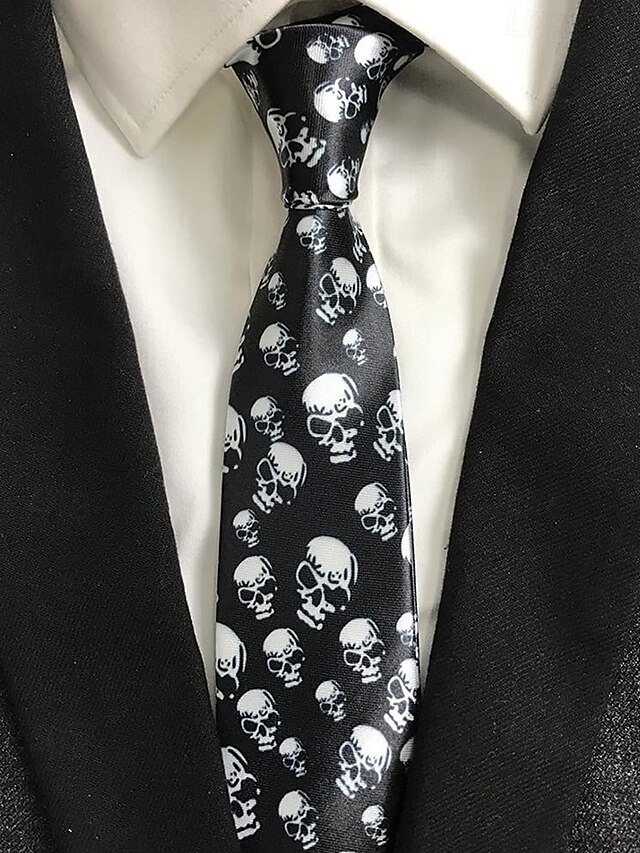  Cravatta nera in raso con stampa teschio gotico da uomo – accessorio retrò per feste di Halloween per outfit ispirati al punk e al vintage