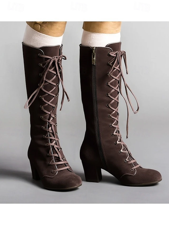 Women's Black Lace-Up Knee-High Boots – Vintage Chunky Heel Faux Suede Boots for Autumn Winter Fashion 8