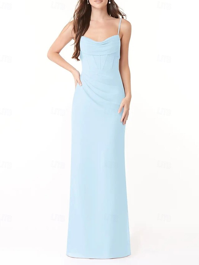  Vestido de dama de honra em corte A, decote em V / alças finas, sem mangas, elegante, longo, charmeuse com fenda frontal / franzido 2025