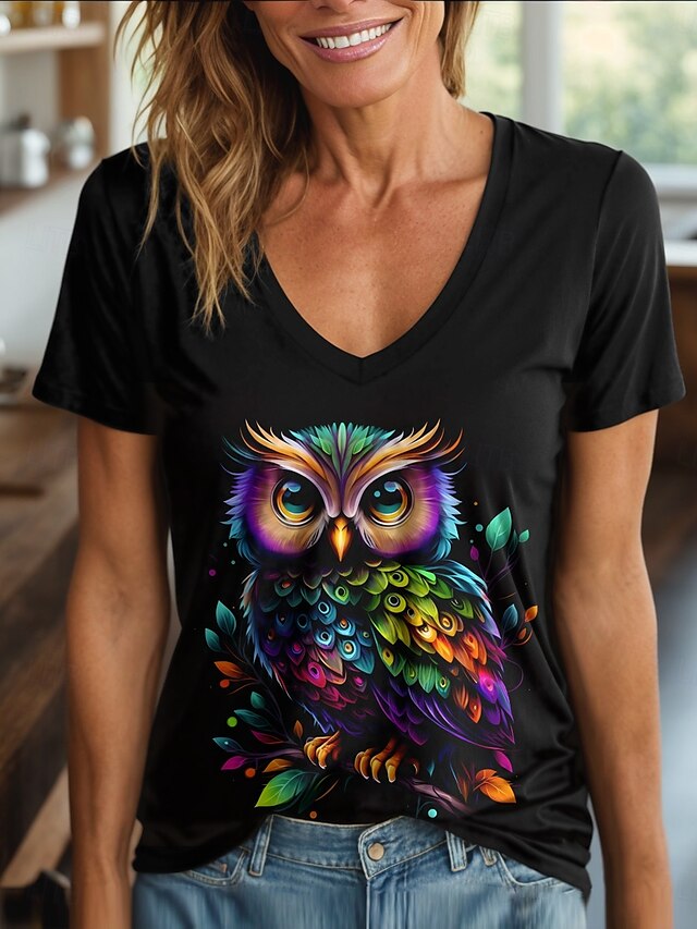  Femmes T-shirt Graphique Animal ancien Élégant Classique Manche Courte Col en V Hauts Réguliers Quotidien Sortir Week-end Imprimé Noir et blanc Noir Été Printemps