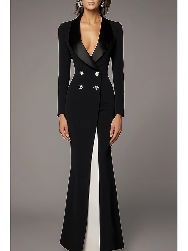  Abito Madre della Sposa Nero e Bianco Sirena  Tromba Abito Tuxedo Elegante Semplice Minimalista Seta Revers Lunghezza Intera Crepe Tessuto Elasticizzato Manica Lunga con Bottoni Metallici