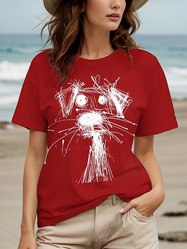  Naisten T-paita Kuvitettu Eläin Koira Vintage Tyylikäs Klassinen Lyhythihainen Tiukka pyöreä kaula-aukko Pyöreä kaula-aukko Tavalliset topit Päivittäin Viikonloppu Painettu Musta Valkoinen Rubiini