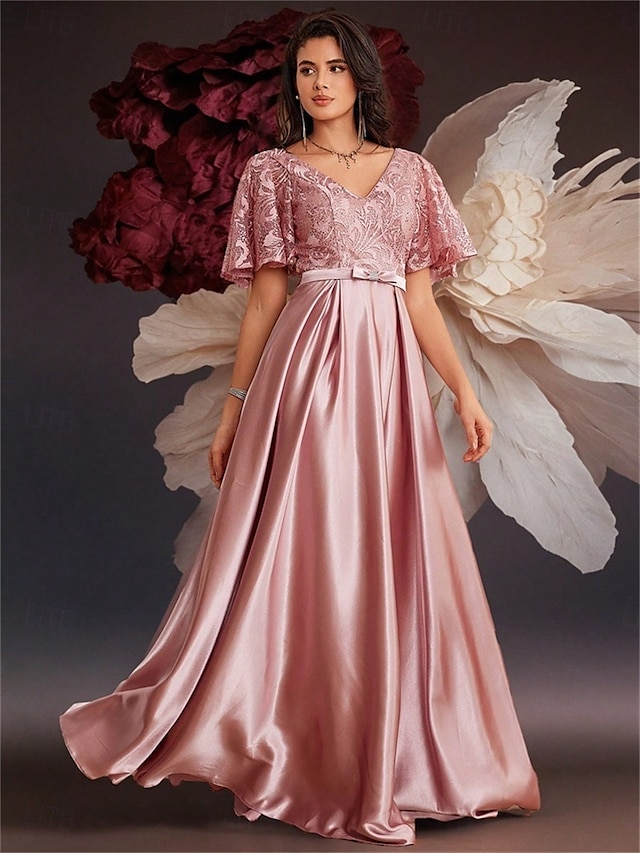  Abiti A-Line per Quinceanera Abito Elegante Formale Matrimonio Lunghezza Pera Manica Corto V Collo Raso con Pieghe
