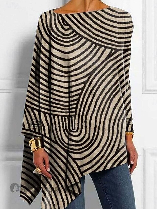 Women's T shirt Long Sleeve Graphic Striped Vintage Stylish Classic Long Sleeve Crew Neck Regular Tops Daily Weekend Print Pink Blue Khaki Spring Fall Prefall4