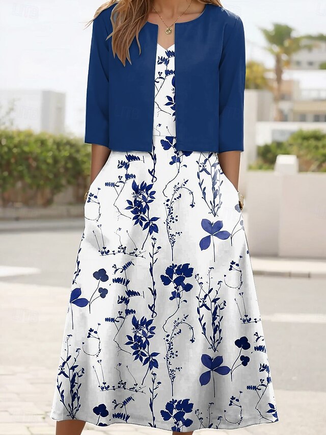 Women's Two Piece Dress Sets Midi Dress with Jacket Elegant A Line Dress Half Sleeve Party Cocktail Floral Print V Neck Wedding Guest Daily Sky Blue Green Dark Blue Regular Fit4