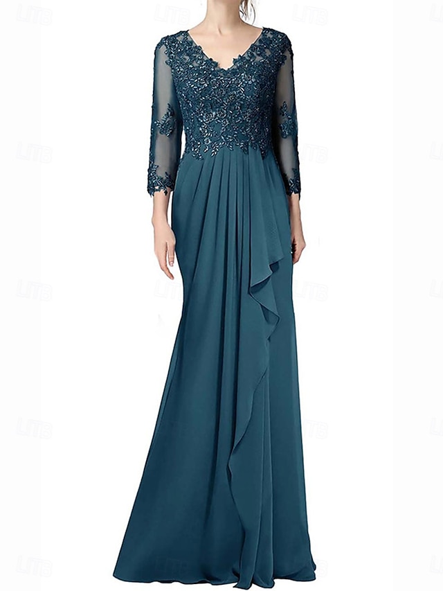  A-Line Mother of the Bride Dress Elegant V Neck Floor Length Chiffon 3/4 Length Sleeve with Pleats 2025
