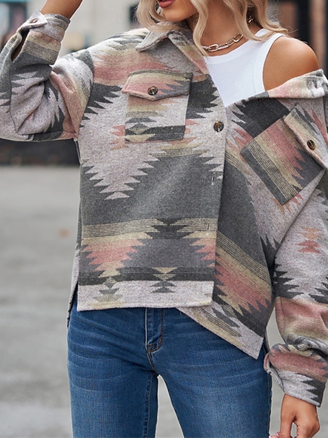  Mujer Chaqueta casual Mantiene abrigado Cómodo Bolsillo Botones Moda Exterior Estampado Noche Fin de semana Botonadura Simple Regular Cuello Vuelto Ajuste regular Manga Larga Ropa de calle Gris rosa
