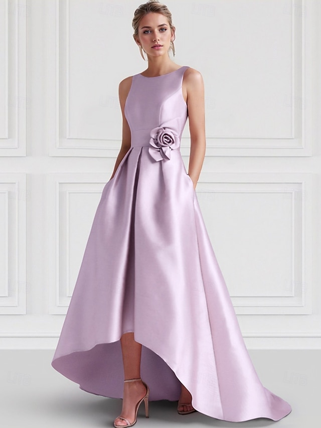  Rochii de cocktail A-Line pentru nuntă pe plajă Rochie elegantă Oaspeți la nuntă Formală Lungime la podea Fără mâneci Guler barcă Rochie roz Satin cu buzunare Rochii