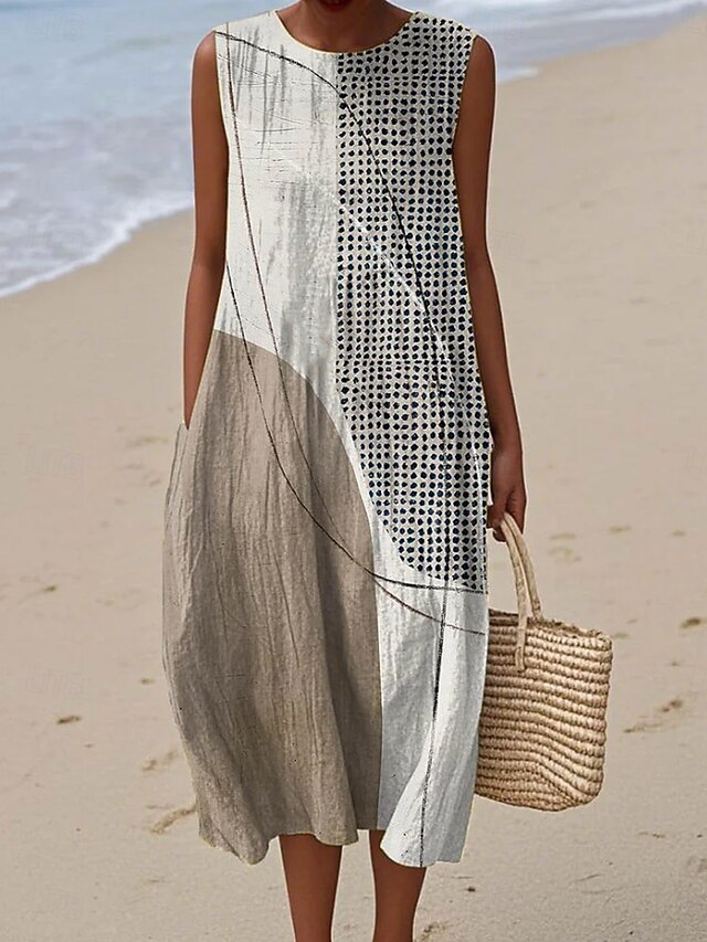 Women's Midi Dress Sundress Shift Dress A Line Dress Vacation Casual Boho Going out Beach Loose Fit Graphic Geometric Sleeveless Crewneck Light Brown Blue Orange Green Summer Spring2