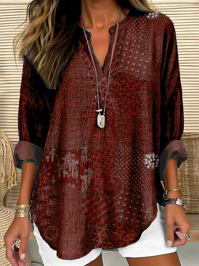 Women's Blouse Tunic V Neck Long Sleeve Boho Casual Tops Graphic Geometric Paisley Vintage Daily Stylish Notched Neck Regular Tops Daily Resort Wear Print Maroon Navy Blue Brown Summer Fall4