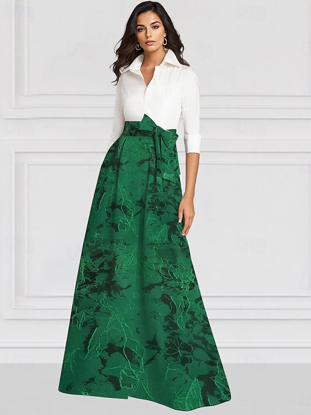  Grün Schwarz und Weiß A-Linie Brautmutter Kleid Elegantes Vintage Hemdkragen Bodenlang Stretchstoff Langarm mit