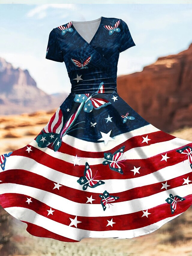 Women's Patriotic  Midi Dress Dress Fit And Flare Dress Party Casual Daily Holiday Graphic Flag Stars and Stripes Short Sleeve V Neck Royal Blue Blue Dark Blue4