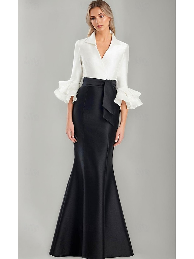  schwarz-weißes Abendkleid Meerjungfrau/Trompete Abendkleid elegantes Kleid formelle Hochzeit bodenlang Halbarm Hemdkragen Stretch-Satin mit Rüschen 2025