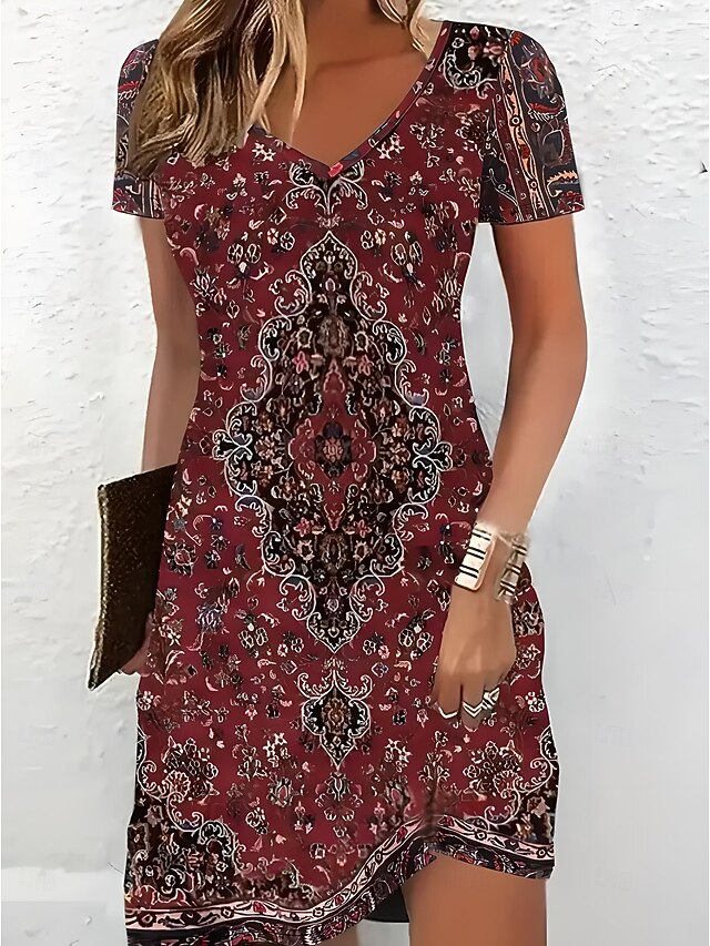 Women's Mini Dress T Shirt Dress Tee Dress Sundress Summer Dress Vacation Casual Boho Daily Holiday Going out Regular Fit Graphic Paisley Short Sleeve V Neck Black Wine Green Summer4