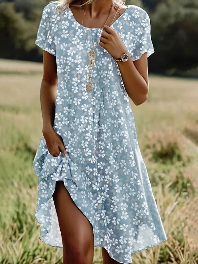  Dames Mini-jurk T shirt jurk Zonnejurk Vakantie Casual Uitgaan Normale pasvorm Bloemig Grafisch Korte mouw V-hals blauw Paars Groen Zomer