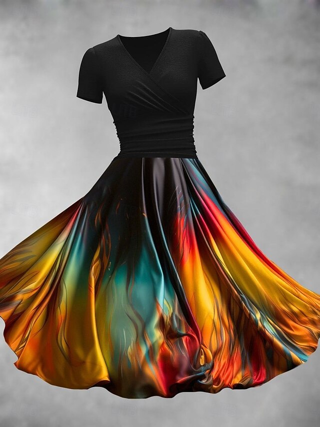Women's Midi Dress A Line Dress Summer Dress Fit And Flare Dress Party Casual Daily Holiday Regular Fit Graphic Color Block Abstract Short Sleeve V Neck Black Orange Rainbow Summer4