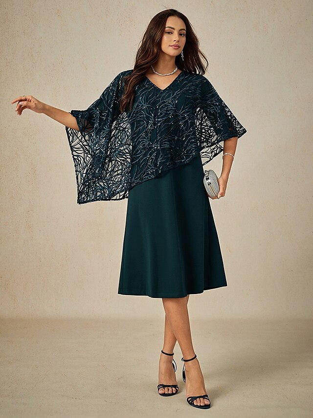 A-Linie Brautmutterkleid Elegant V Ausschnitt Knielang Spitze Halbarm mit Spitze Einfarbig 2025