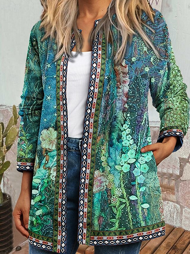 Women's Dressy Dusters Dressy Jackets Casual Jacket Street Going out Fall Winter Regular Coat Regular Fit Warm Comfortable Fashion Modern Jacket Long Sleeve Floral Pocket Light Green Purple Green4