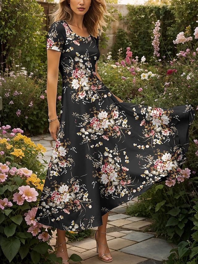  Damen Maxikleid Strickkleid Freizeitkleid A Linie Kleid Sommerkleid Elegant Urlaub Lässig Normale Passform Blumen Grafik Kurzarm Quadrathals Rundausschnitt Gelb Rote Blau Purpur Sommer Frühling