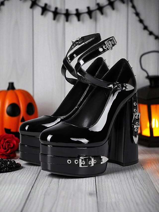  Femmes Chaussures à Talons Soirée Rivet Boucle Plateau Talon Bloc Bout Rond Punk PU Boucle Noir