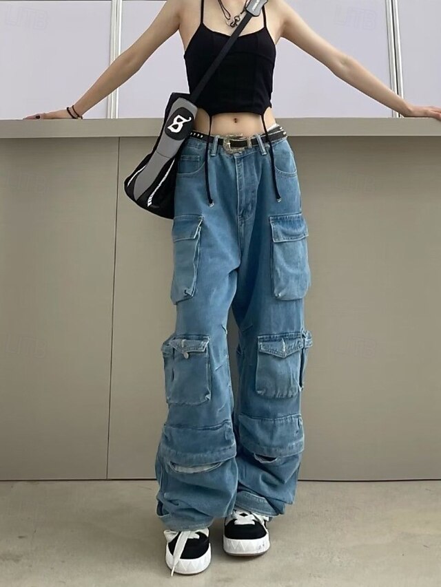  Femmes Pantalons Cargo Mode Streetwear Longueur complète Naturel Uni Avec Poches Extérieur Confortable Rue Tenue quotidienne Gris noir Bleu Gris Clair Automne Coupe régulière