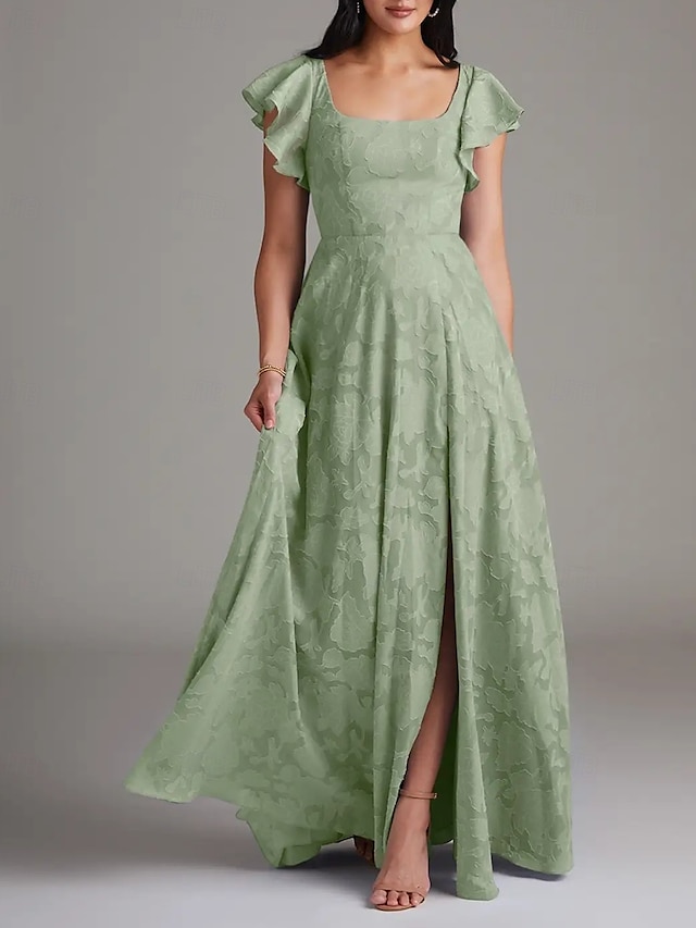  Vestido de Dama de Honra A-Line Gola Redonda Sem Mangas Elegante Comprimento do Chão Chiffon com Volantes  Fenda Frontal